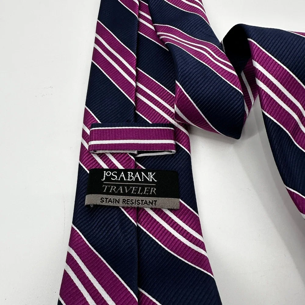 JOS A BANK TRAVELER Navy Purple White Stripe Silk‎ Necktie Mens Stain Resistant